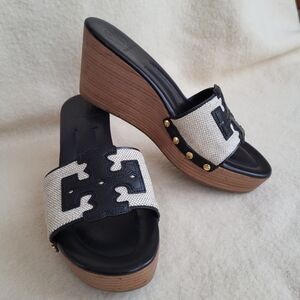 Tory Burch Wedges Women's Size 9 Tan & Black Slip-on Platform